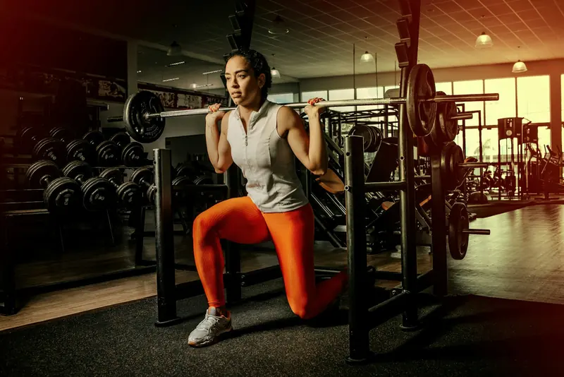Woman in orange leggings doing a squat with a barbell on her shoulders in the gym