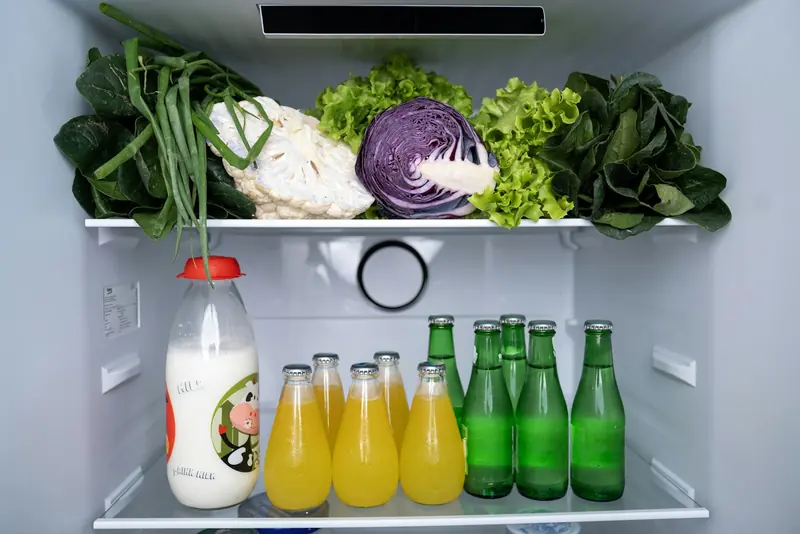 Offener Kühlschrank mit Blumenkohl, Rotkohl, Salat und Spinat, Flaschen mit Saft und Milch